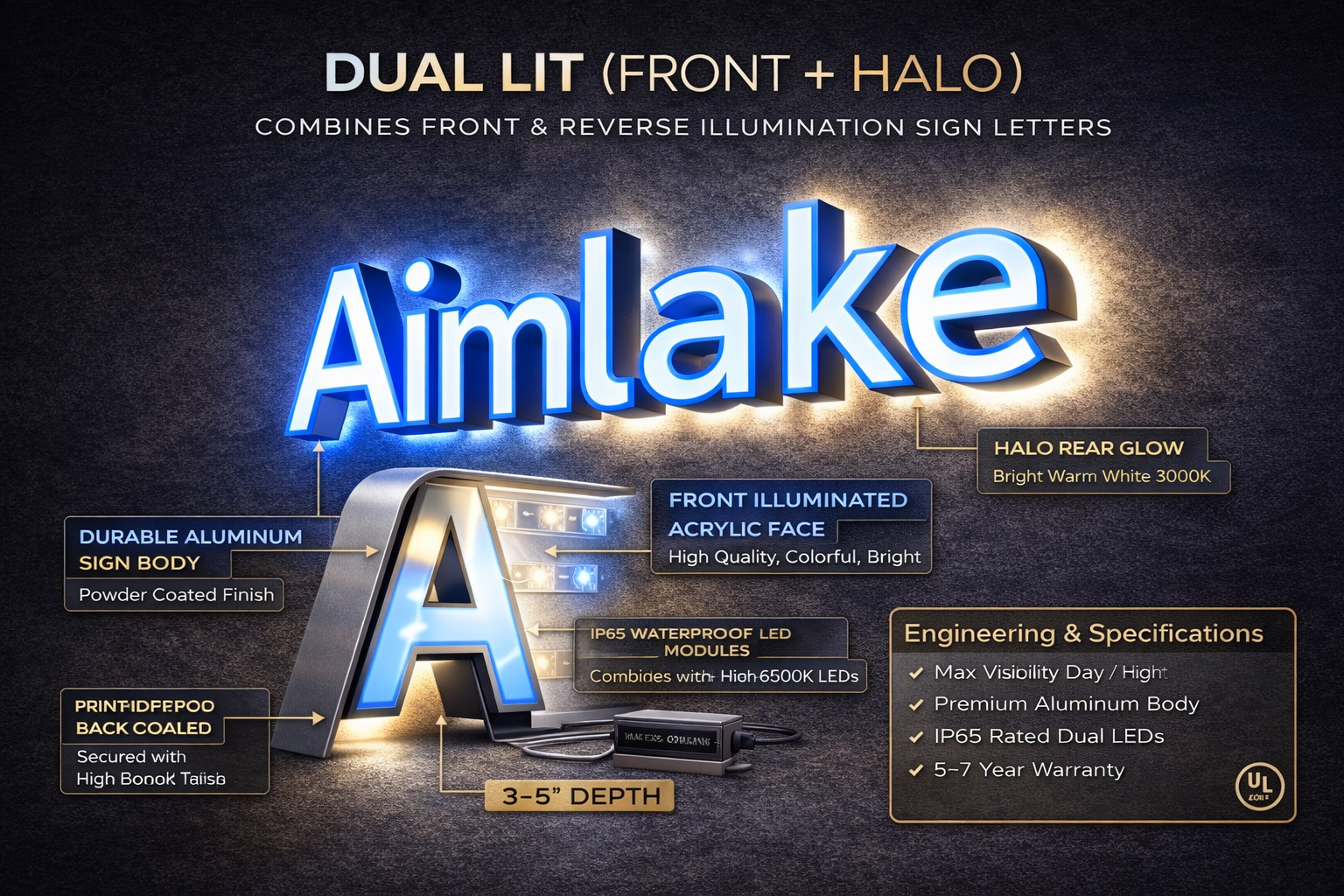 Dual-lit front and halo channel letters signage example